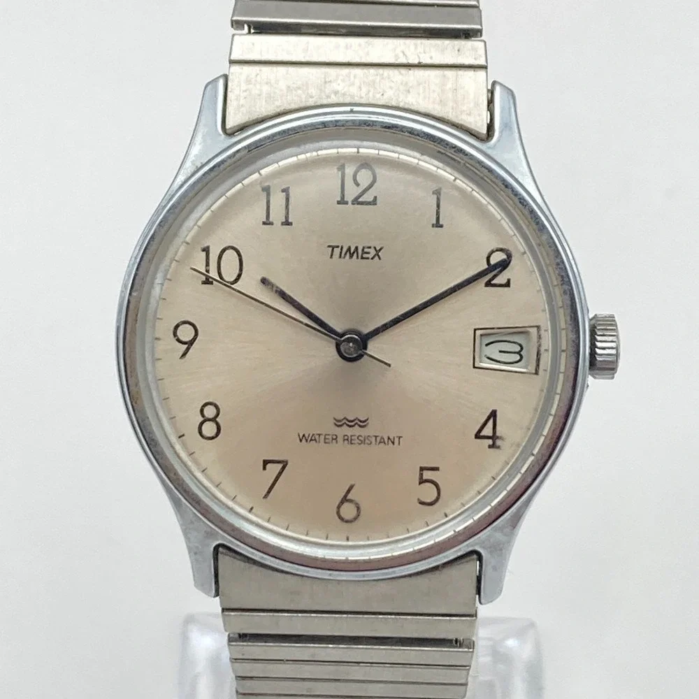 Vtg Timex Marlin Men's Watch 34mm Silver Tone Date Stretch Band Manual Wind 1989